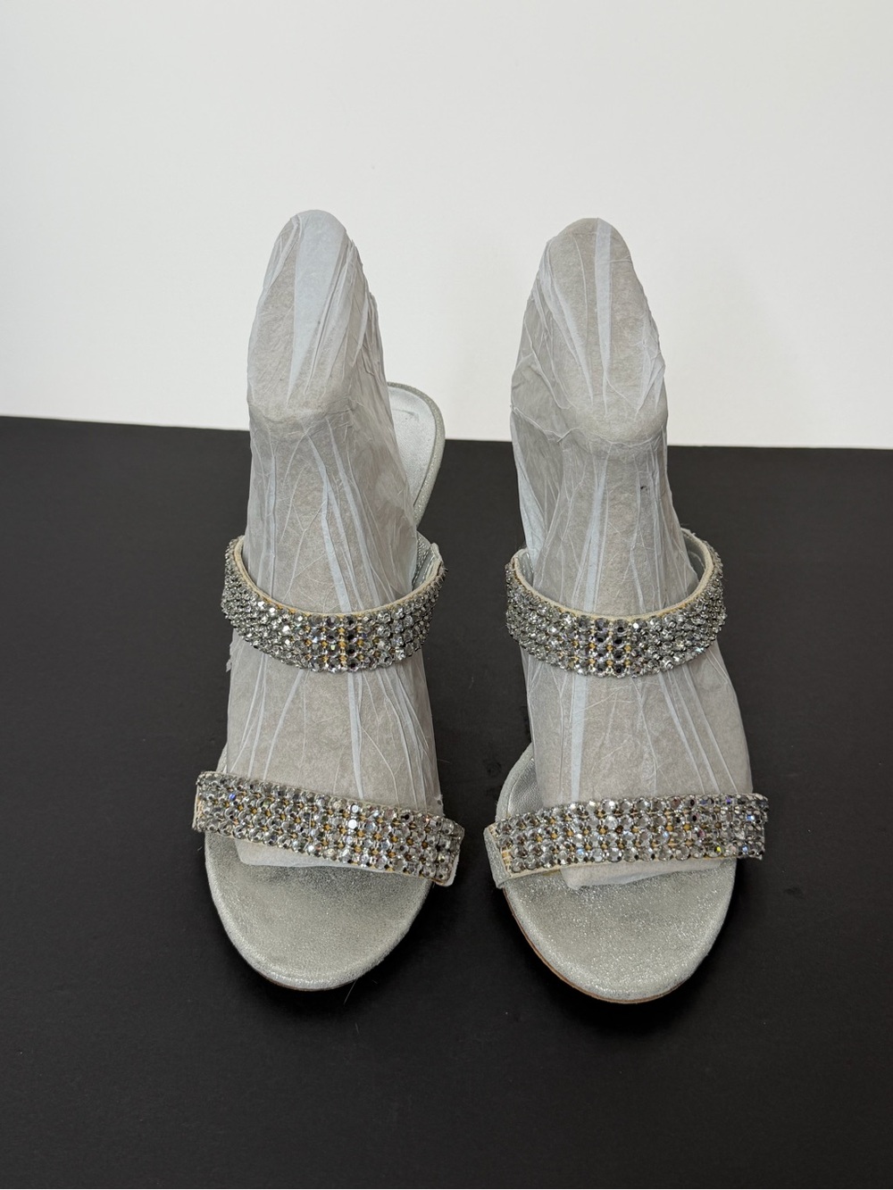 PELLE MODA Silver Crystal Two-Band Strappy Heels